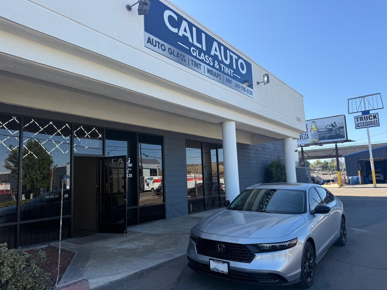 Silver Honda sedan outside Cali Auto Glass and Tint in El Cajon